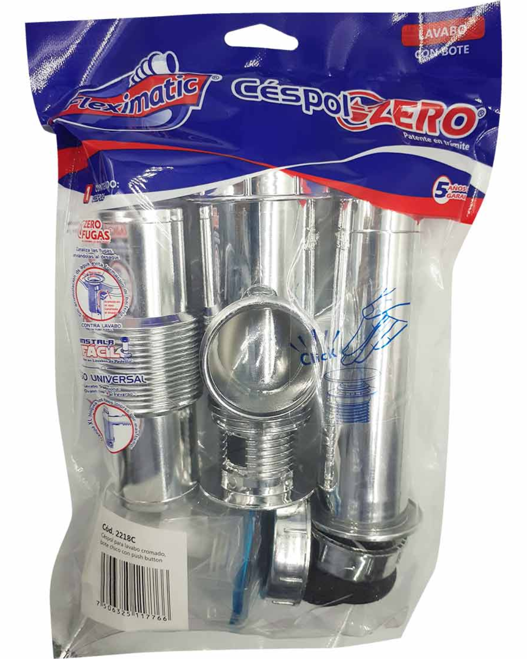 CESPOL PARA LAVABO CROMADO BOTE CHICO CON PUSH BUTTON FLEXIMATIC
