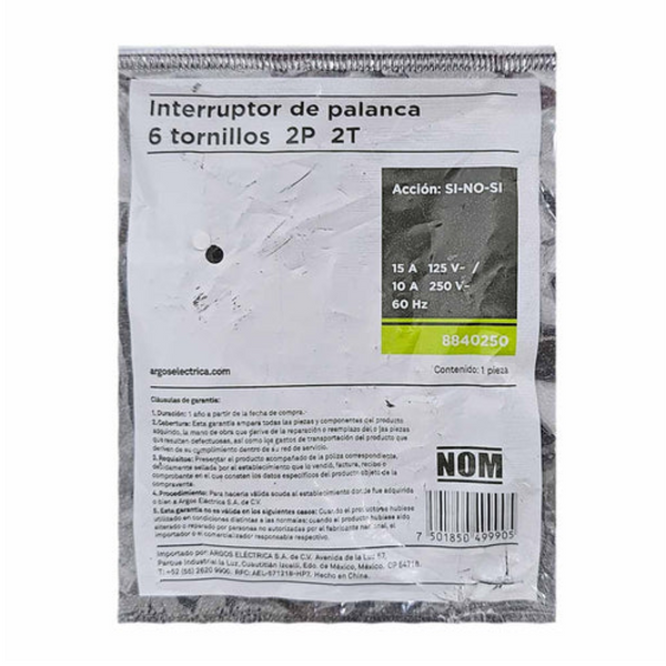 INTERRUPTOR DE PALANCA 6 TORNILLOS 2P 2T 15A 125V-10A 250V ARGOS