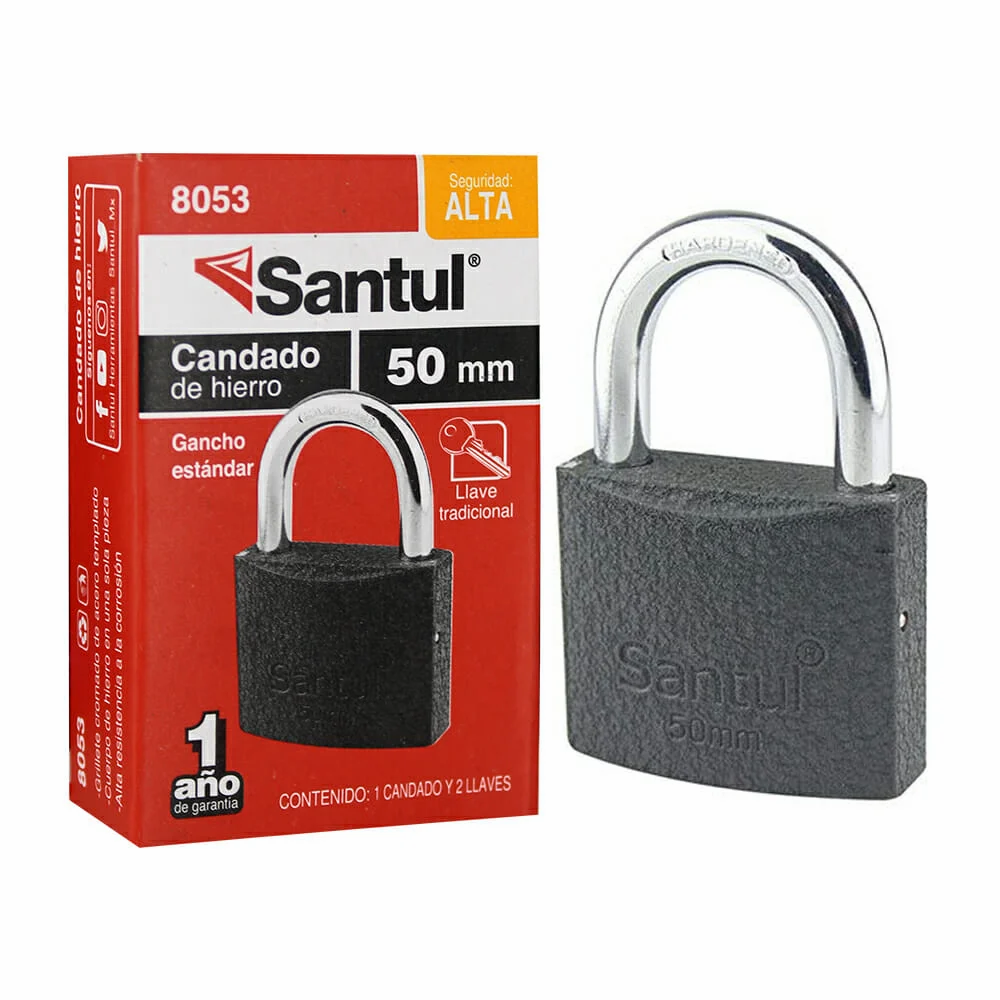 Candado Cuerpo De Hierro 50mm Llave Tradic Gancho Estandar Santul 8053